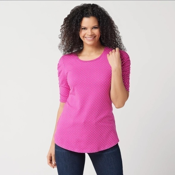 ISAAC Mizrahi Live polka dot pink rouched elbow sleeve XL top - Picture 6 of 8